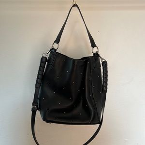 All Saints Studded Black Leather Bag with silver studs removable shoulder strap